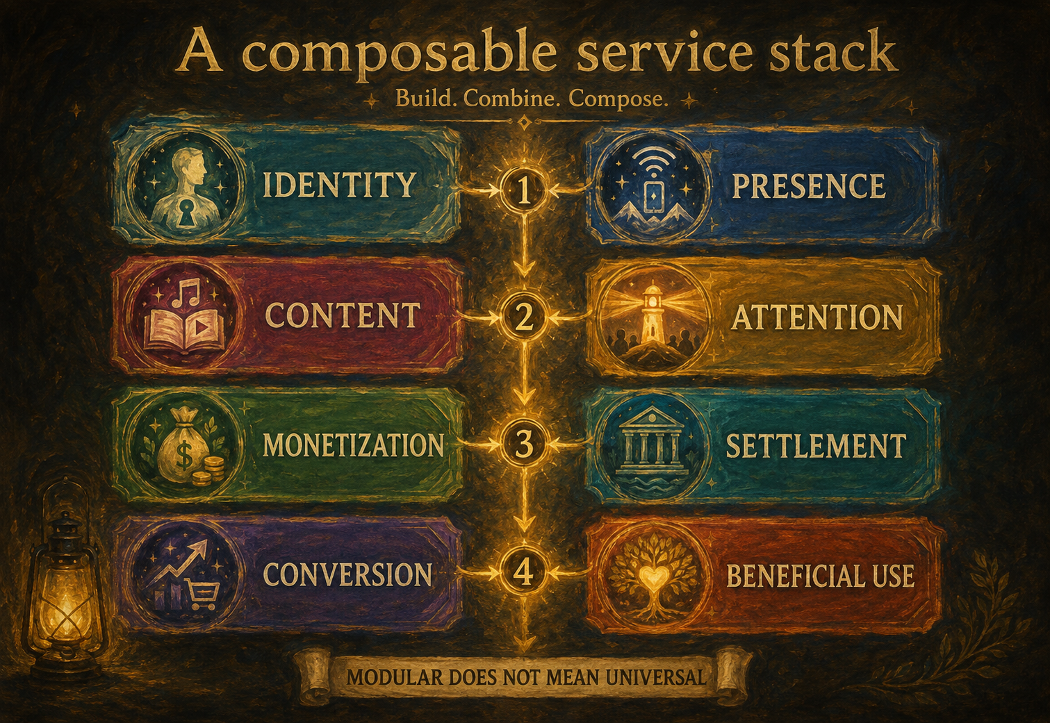 Eight-layer diagram from identity and content services through payments, conversion and beneficial use.