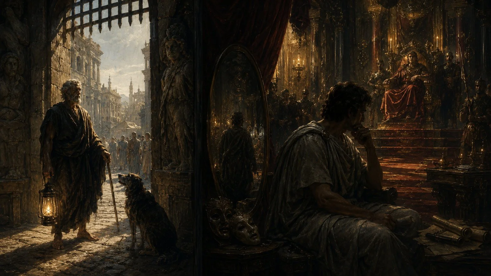 Diogenes stands with a lamp at a city gate while a troubled counselor sits near a throne in a gilded palace.