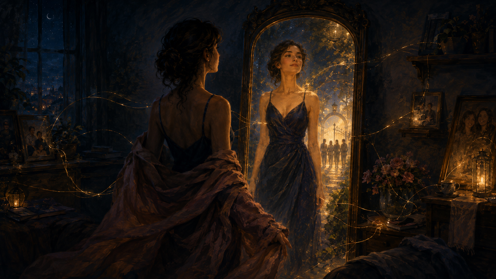 A person sheds an old coat before a luminous mirror while a private gate waits behind the reflection.