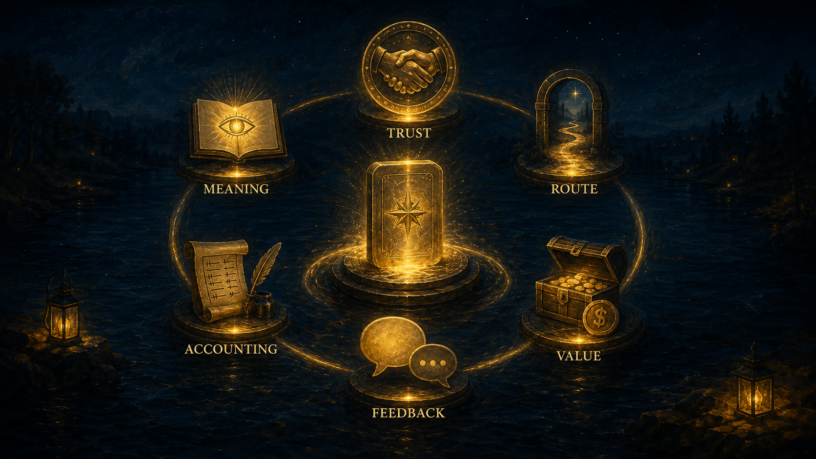 A glowing boat carries six symbolic objects for meaning, trust, route, value, feedback, and accounting.
