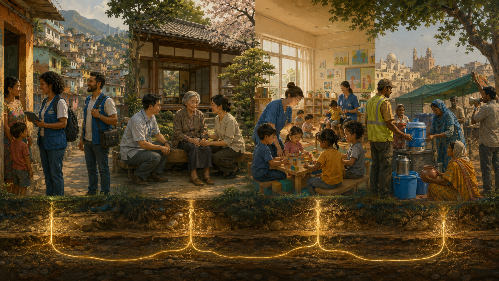 Health teams, eldercare, childcare, and heat response connect through one luminous civic network.
