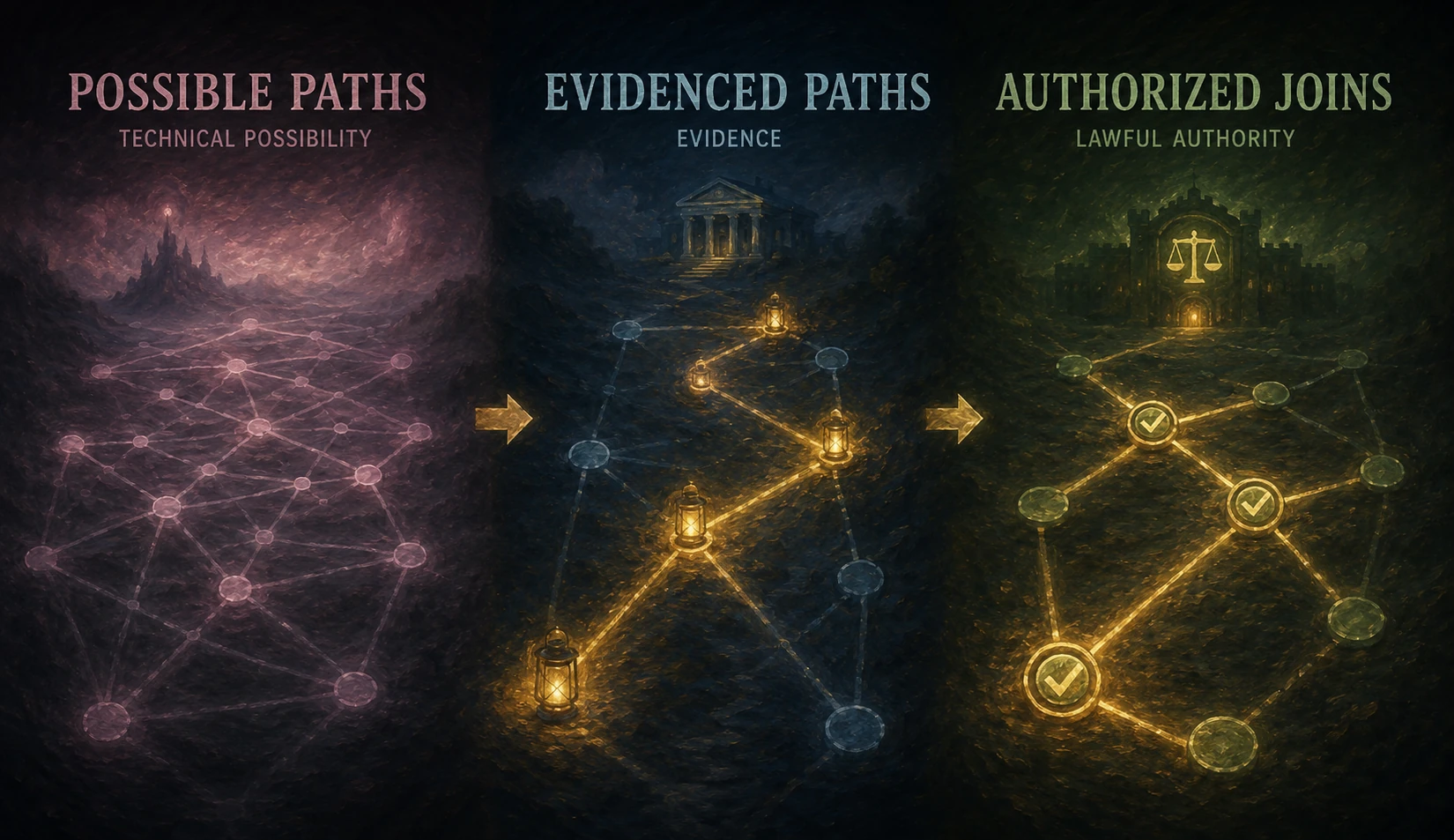 Three painted fields separate possible paths, evidenced paths, and lawfully authorized joins.
