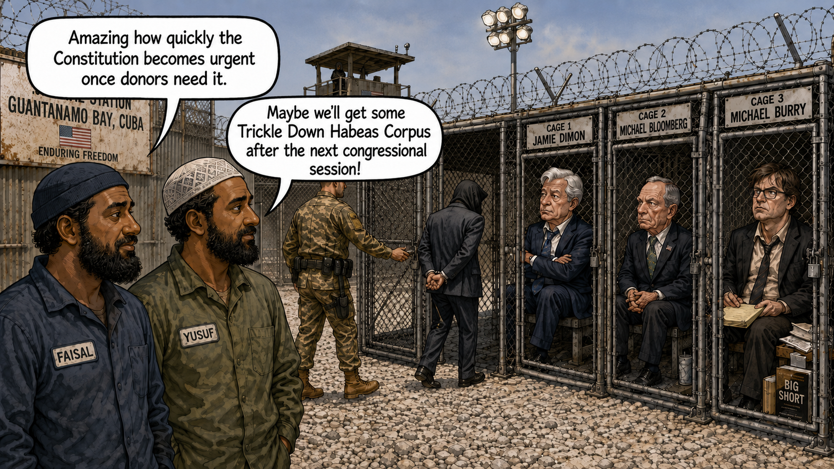 Political cartoon showing Jamie Dimon, Michael Bloomberg, and Michael Burry in labeled Guantánamo-style cages while two working-class Muslim detainees remark on Congress rediscovering constitutional liberty for wealthy donors.