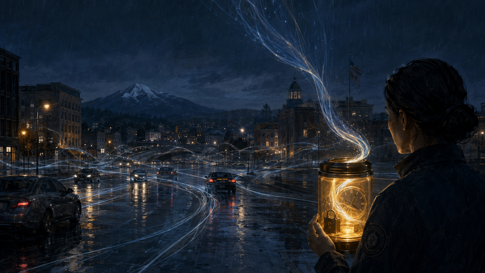 Ordinary vehicle traces dissolve into rain while a small evidence-bound record remains inside a sealed timed lantern.