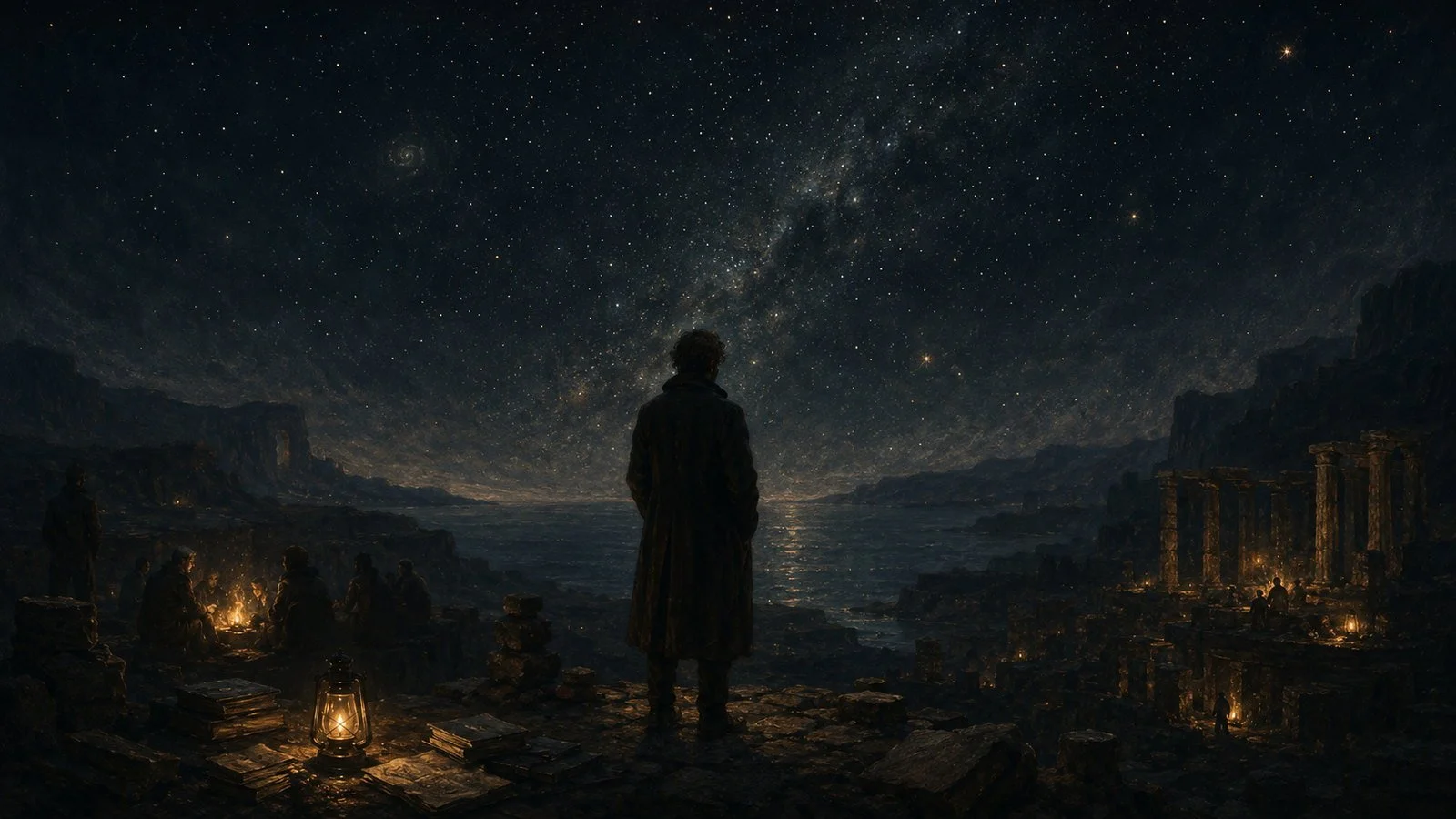 A lone figure faces a star-filled universe while small fires and gathered people glow among coastal ruins.