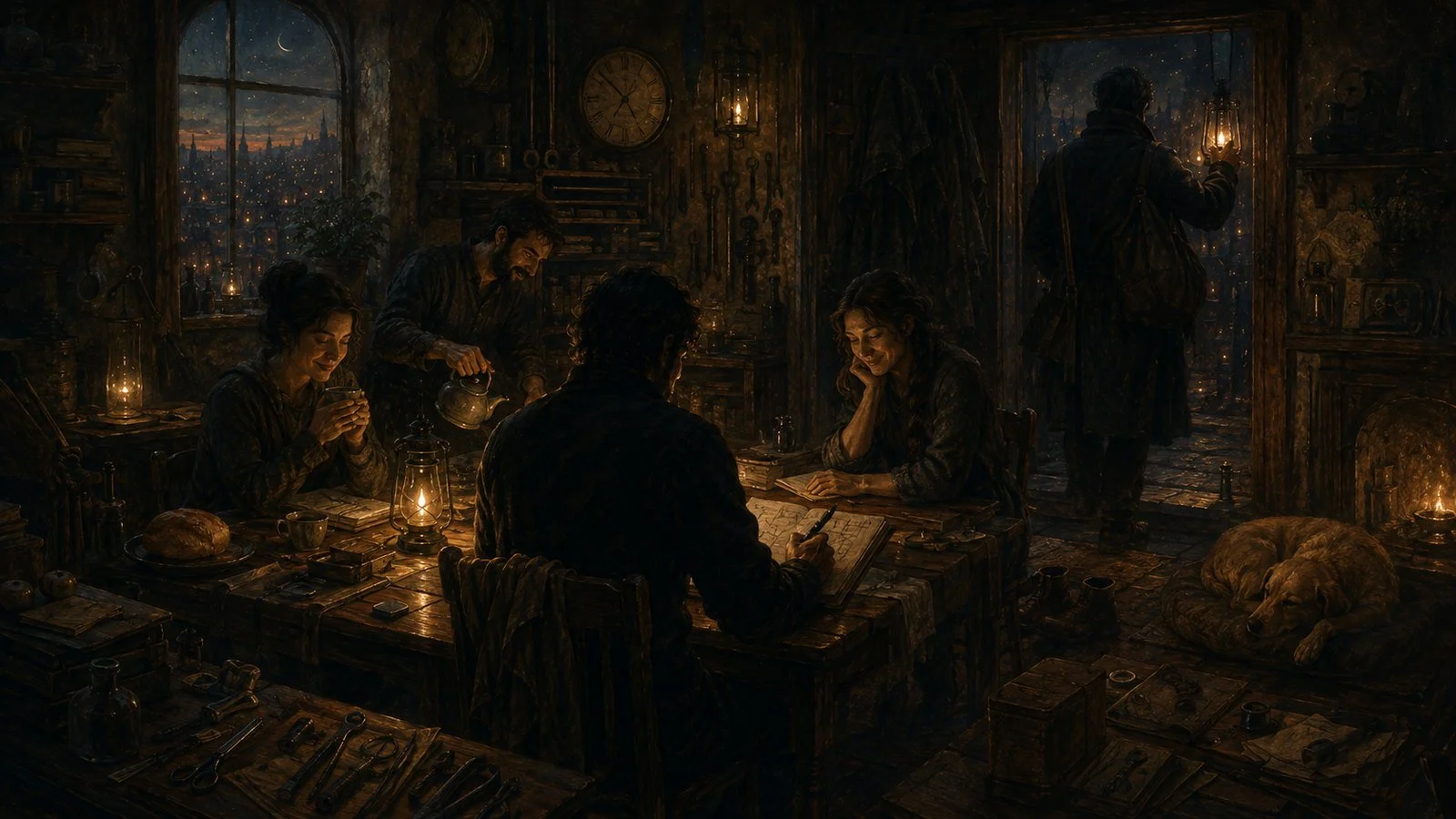 Companions share tea, bread, writing, and rest in a warm workshop as one person carries a lamp toward the evening door.