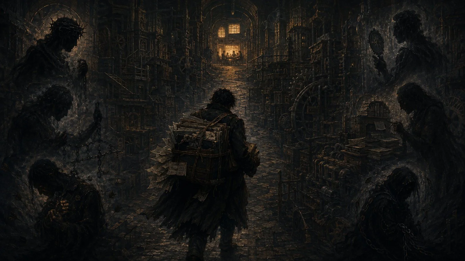 A witness carries ledgers through a dark institutional maze while six shadow figures embody the dangers of corrupted virtue.