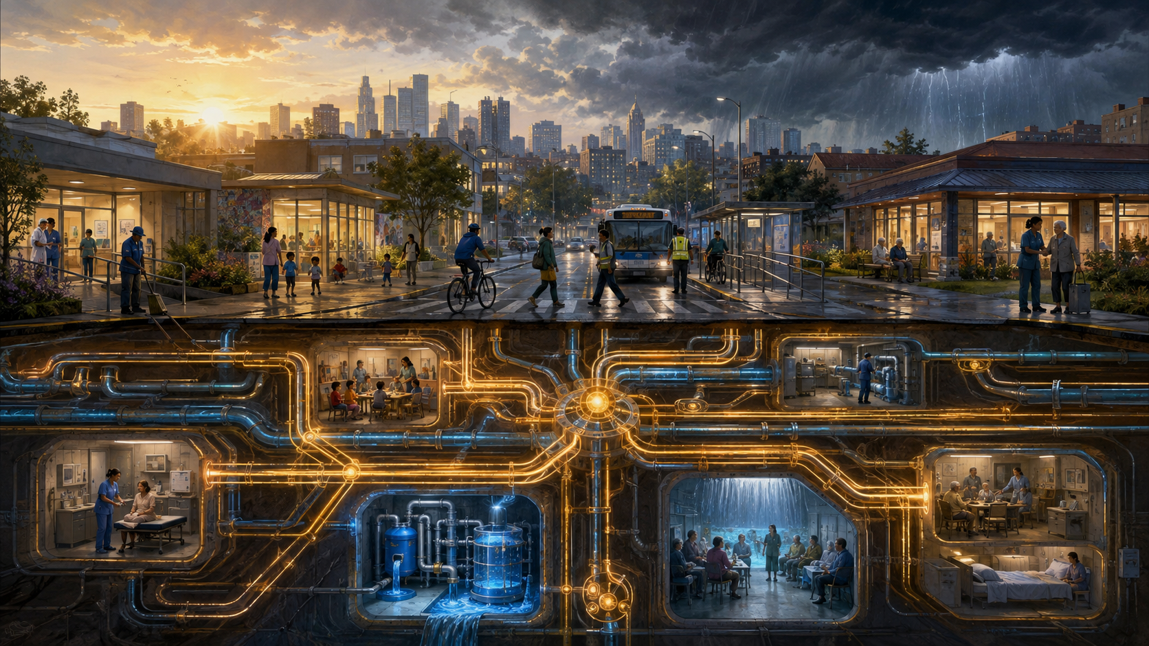 A city rests on a luminous network connecting clinics, childcare, transit, eldercare, shelters, water, and homes.