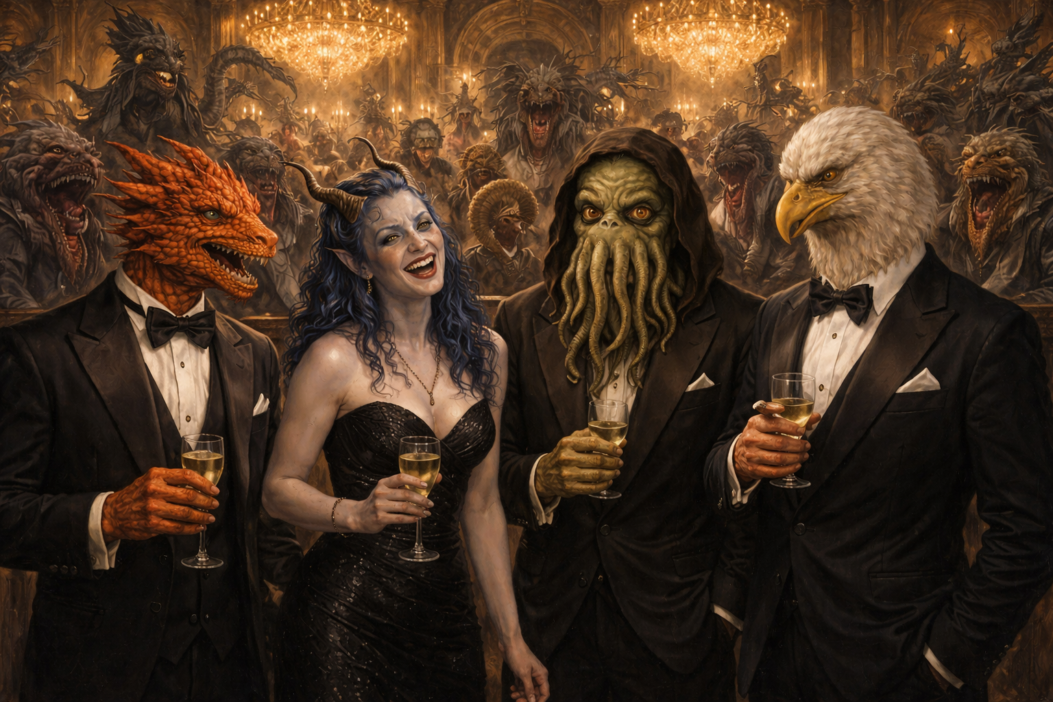 Monsters party at an elite ballroom knowing they are above scrutiny. But four figures in the foreground intend to prove them wrong.
