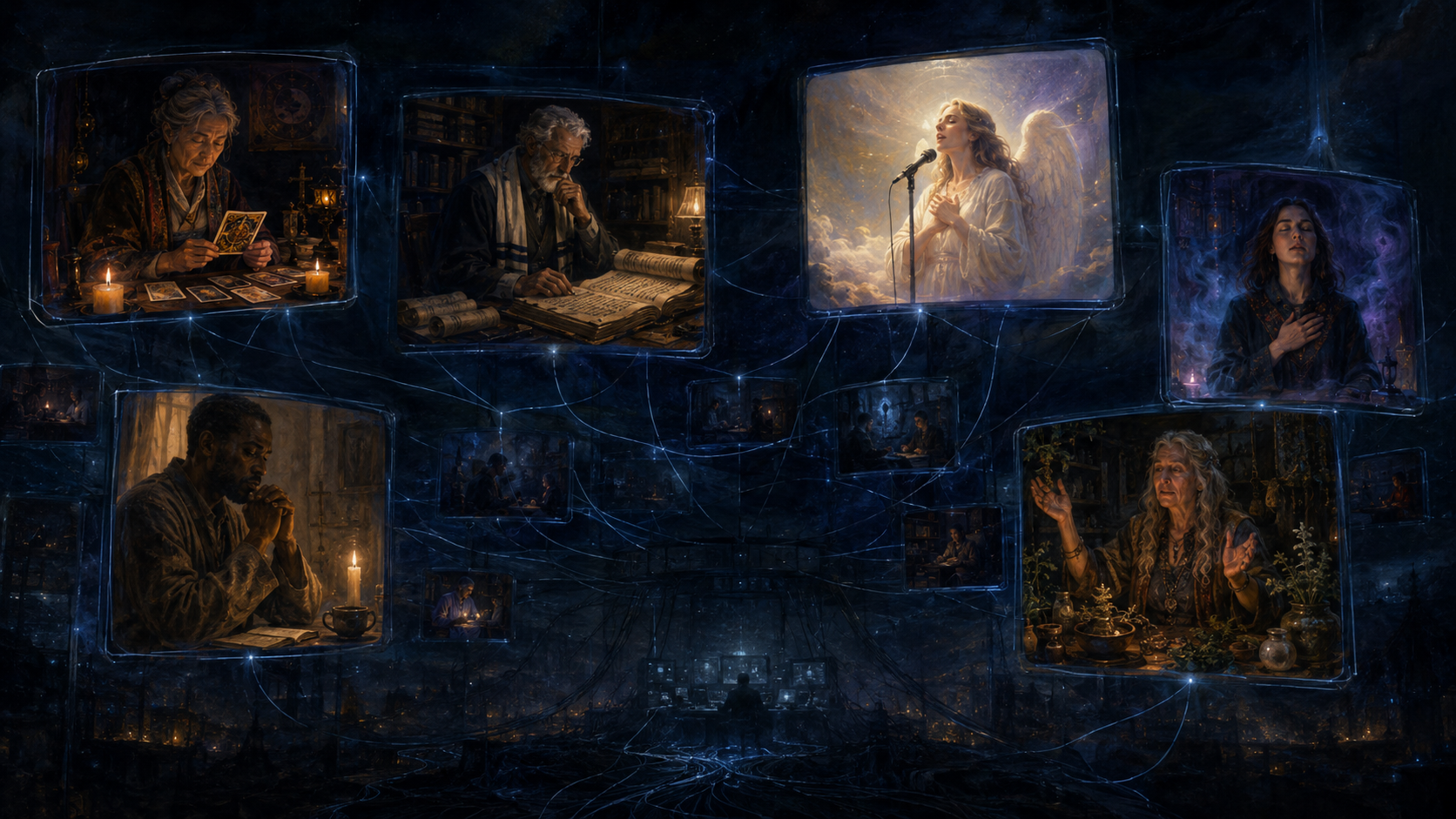 Distinct spiritual broadcasters appear in separate windows while uncertain lines converge behind them.