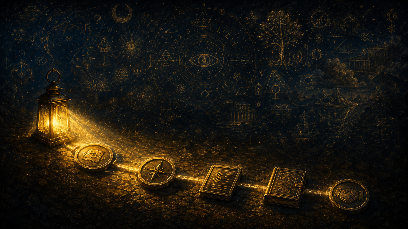 A lantern illuminates a trail of evidence tokens while ambiguous symbols remain in the dark background.