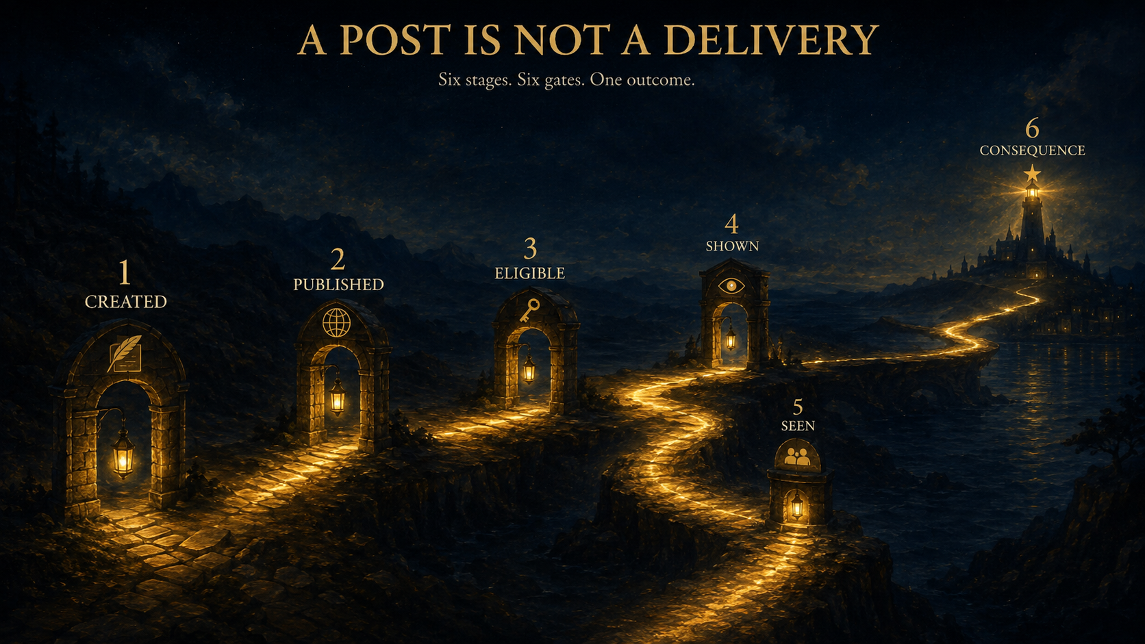 A glowing path passes through six gates labeled created, published, eligible, shown, seen, and consequence.