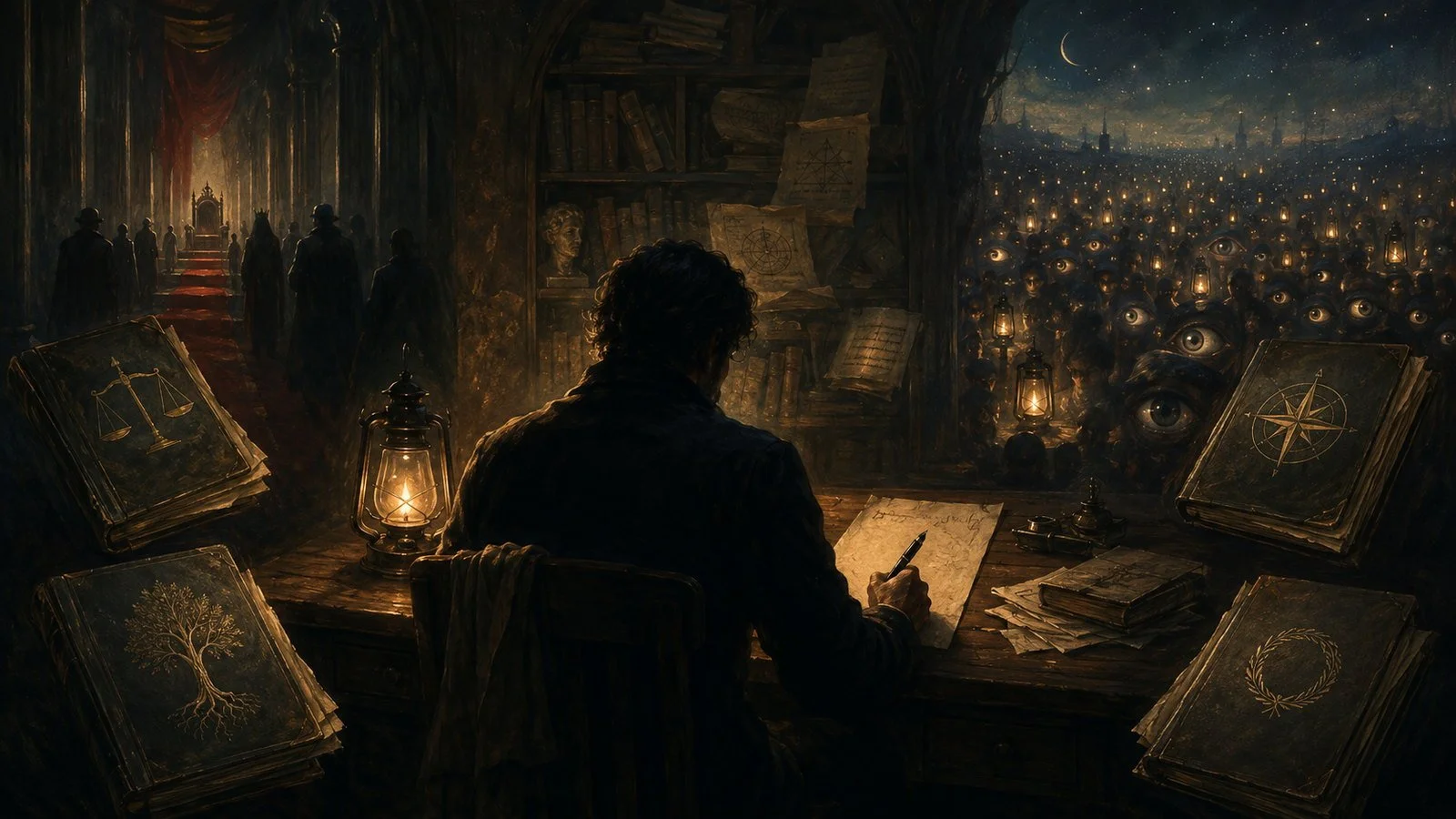 A writer pauses over an unsigned page as a lamp divides shadowed halls of power, knowledge, and public judgment.