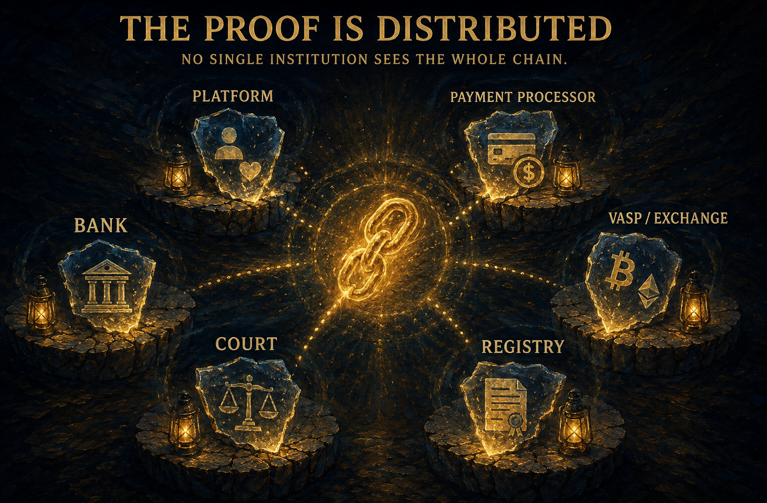Platform, processor, bank, VASP, registry and court each hold a different part of a case graph.