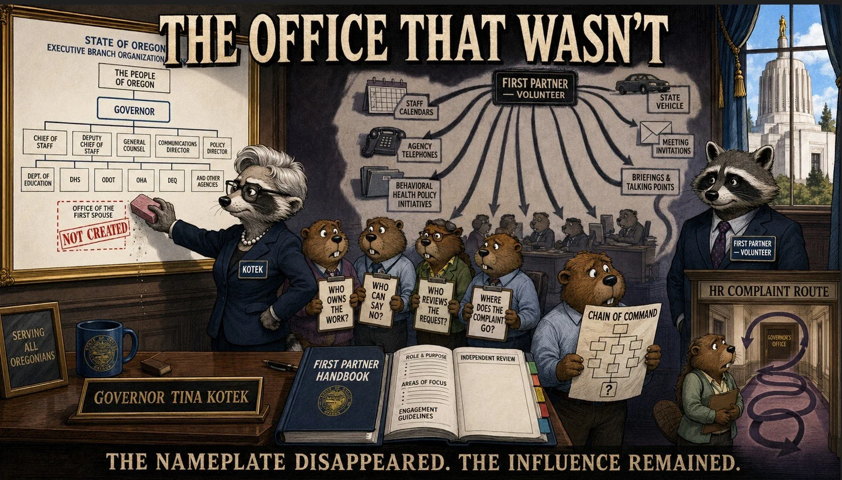 Raccoon governor erases a first-spouse office from an org chart while its shadow authority still directs confused beaver staff.