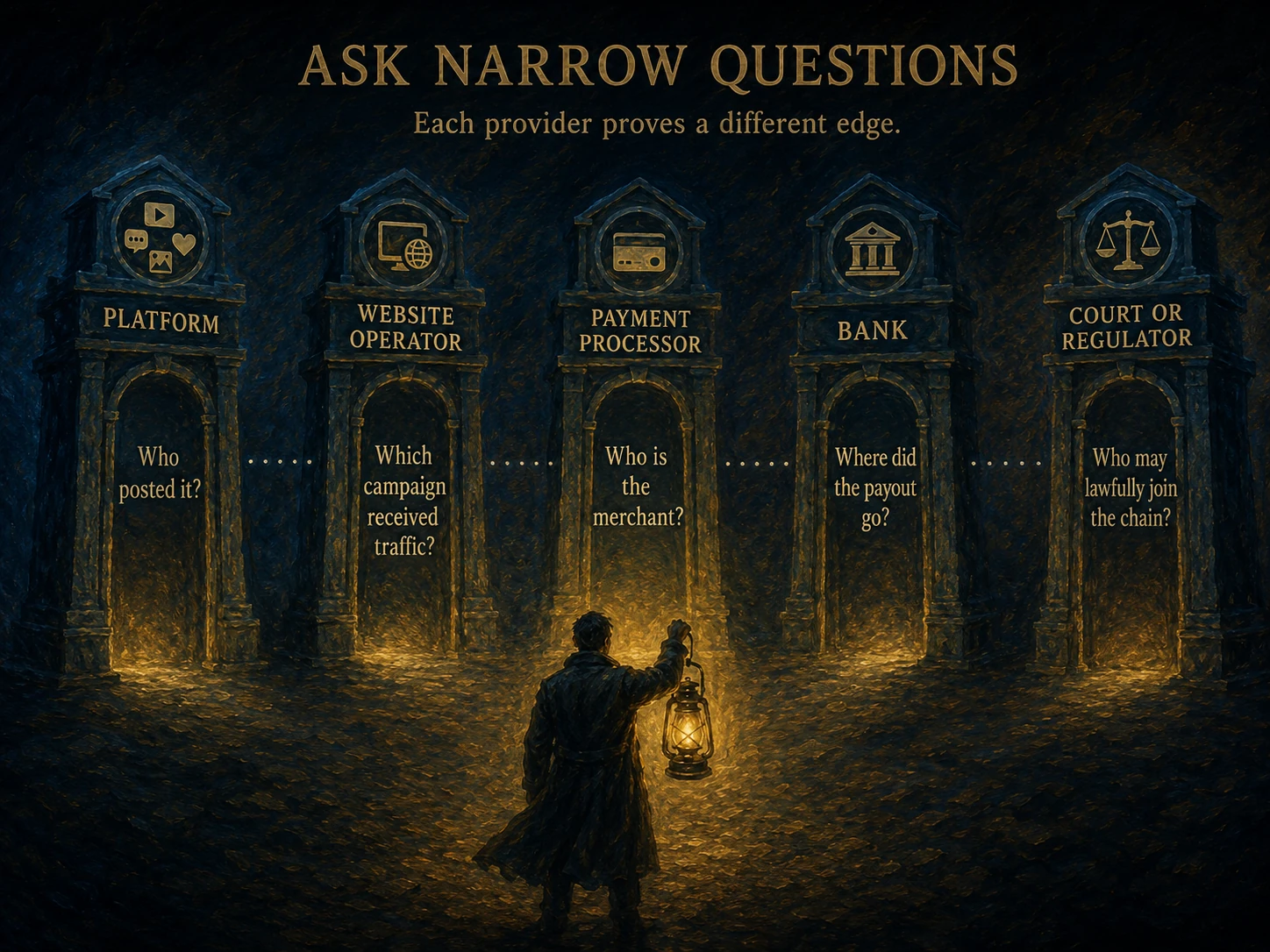 Five mythic gates represent platform, website, processor, bank, and court evidence holders.