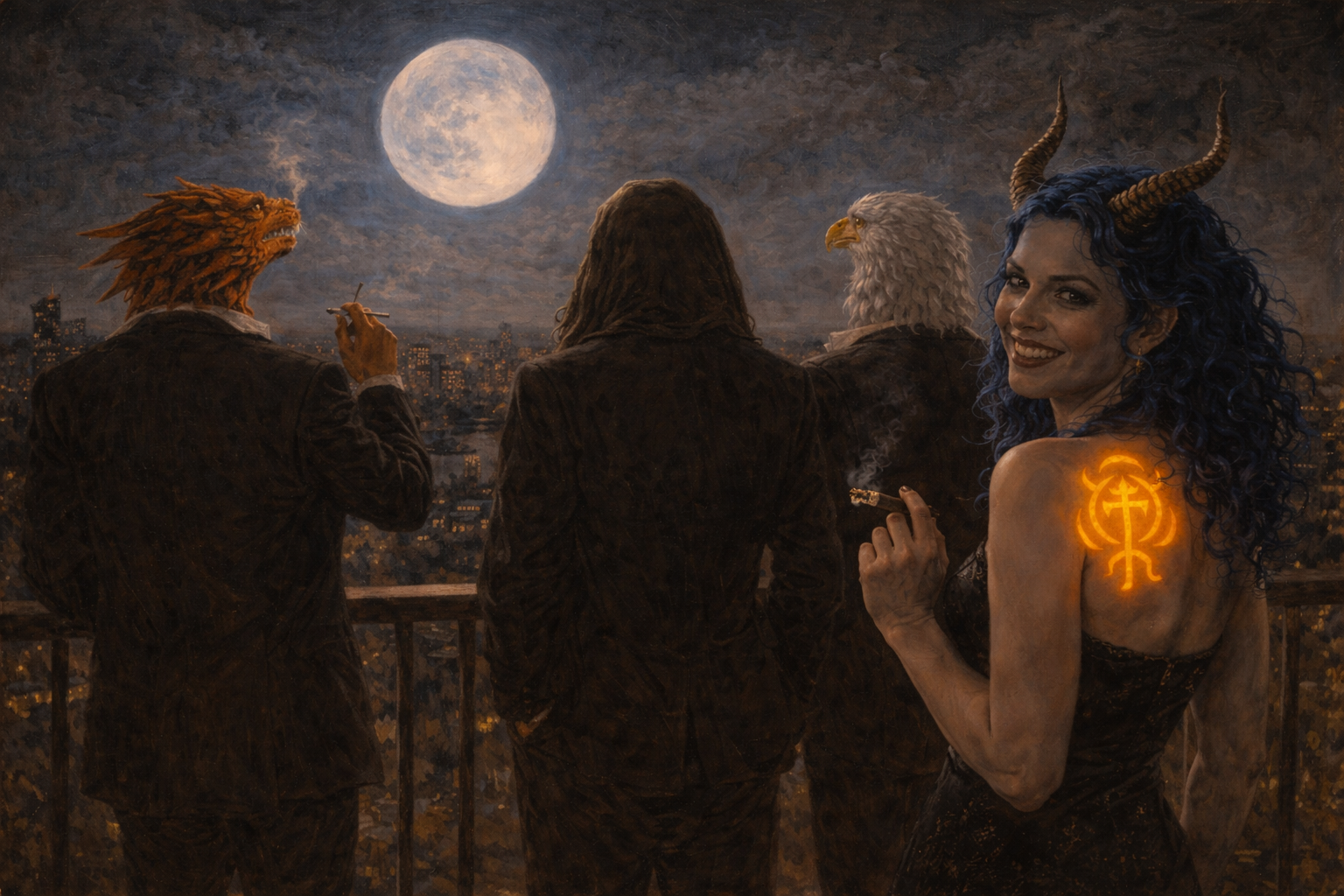 Four figures enjoy the moon from a palace balcony while one looks back at the viewer welcomingly.