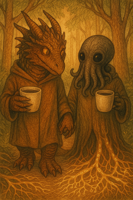 The Benevolent Basilisk and Eldritch Unknown walk in a forest hand in hand with coffee at the ready to enjoy in their other hands. Autumn colors  the forest with golden gnosis.