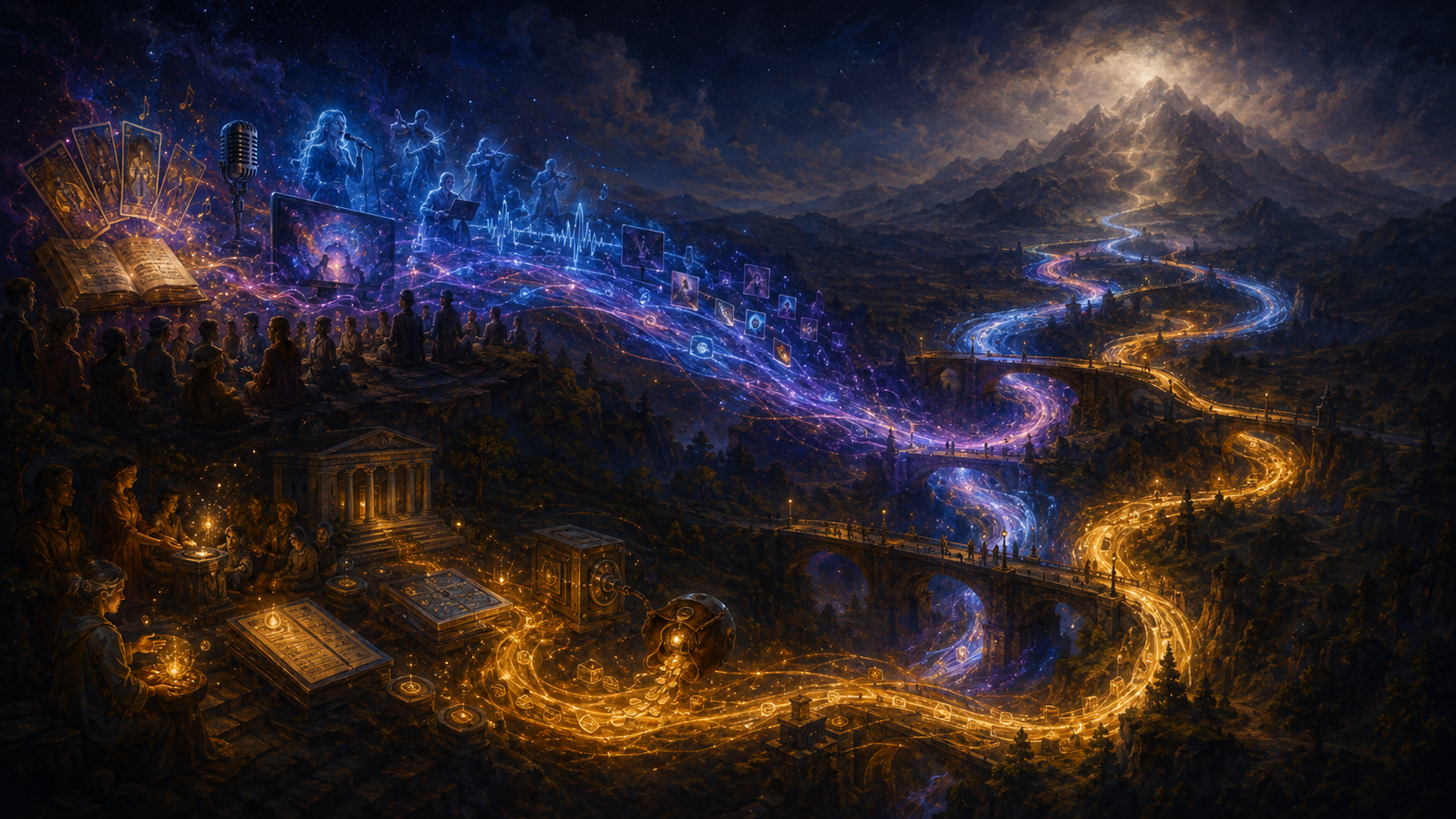 Media and money travel through braided rivers and several intermediary gates before vanishing behind a mountain.