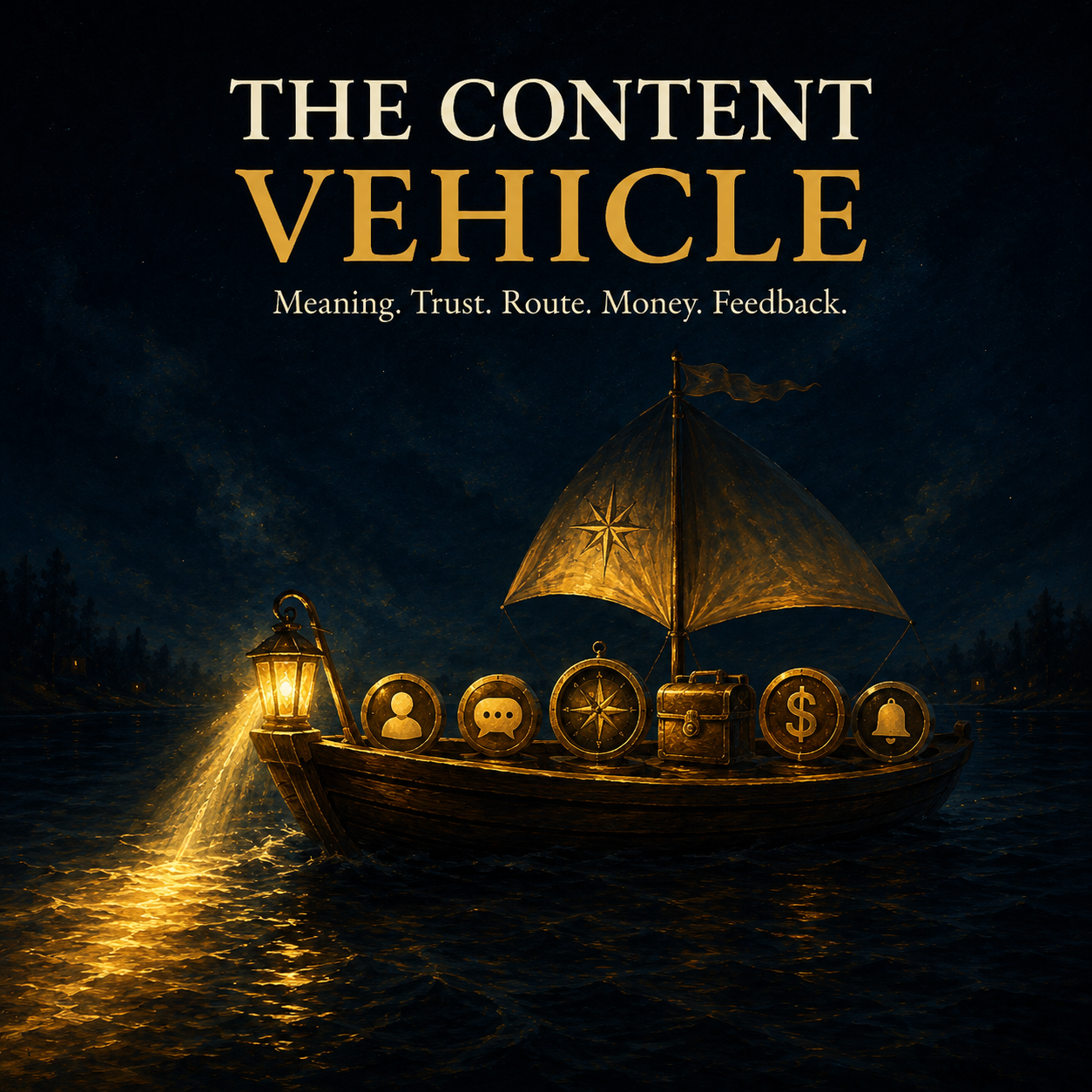 A lantern-lit boat moves through dark water carrying symbols for meaning, trust, route, money, and feedback beneath the title The Content Vehicle.