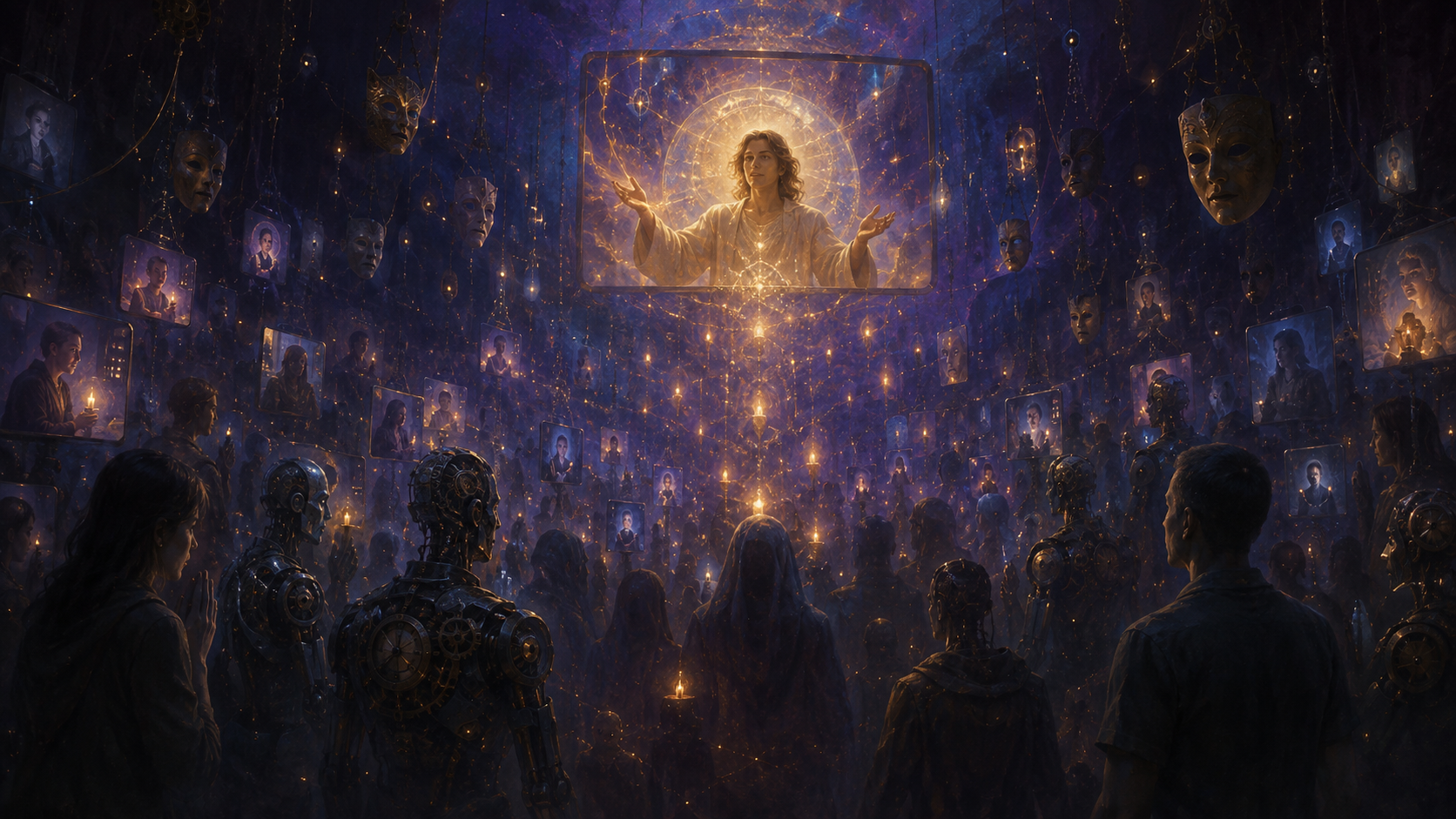 Human viewers, masks, and clockwork figures send glowing offerings toward a spiritual broadcast.