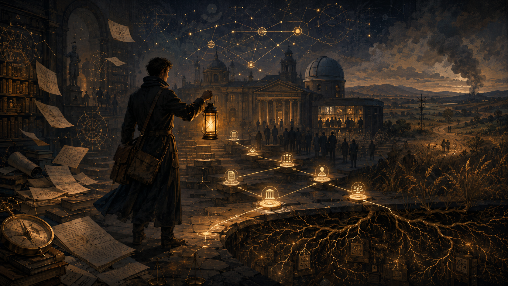 A lantern-bearing investigator traces glowing evidence routes from an archive into a civic square, while source roots and a dry landscape recede into uncertainty.