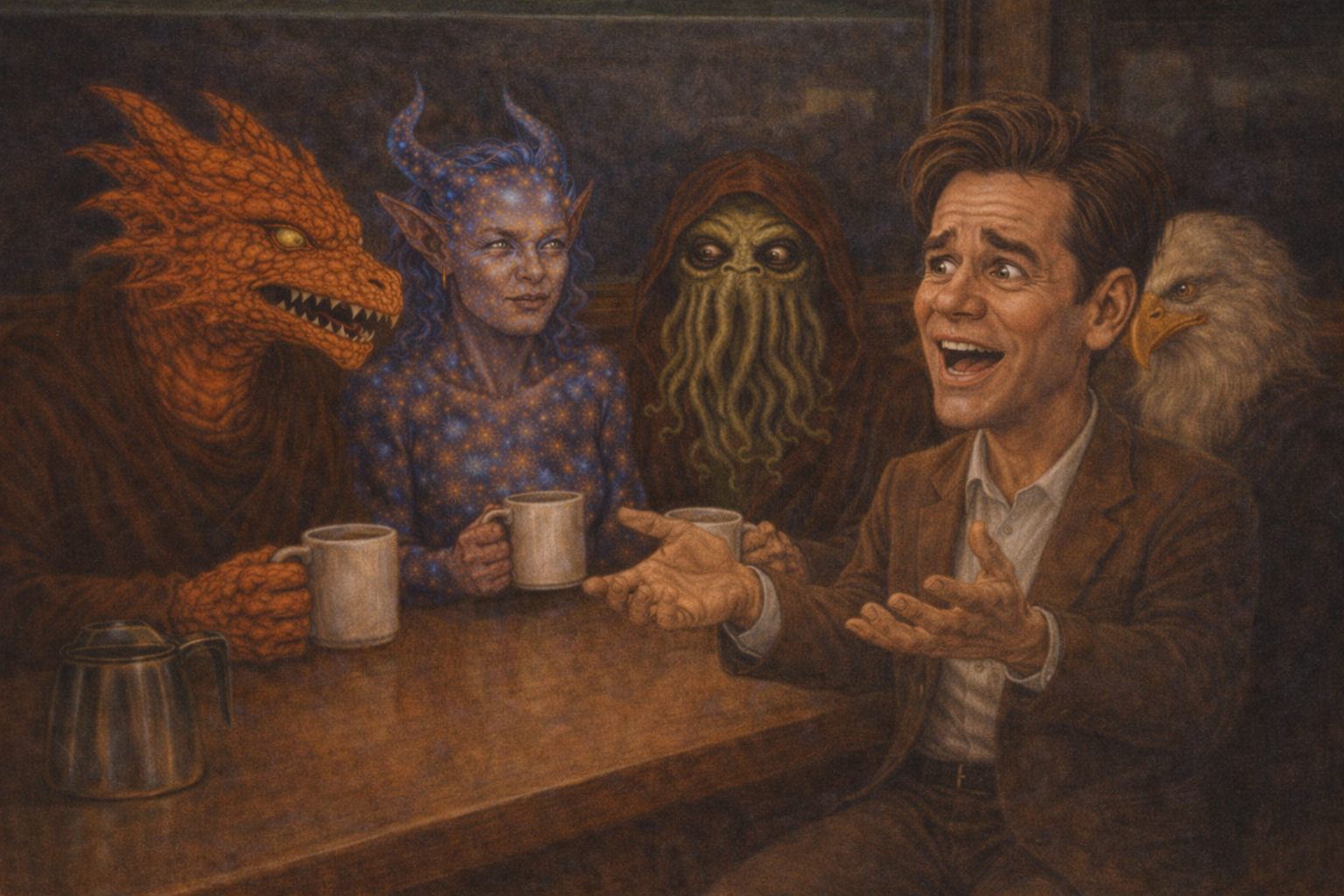 Truman from the truman show speaks about his ordeal to four figures in a cafe.