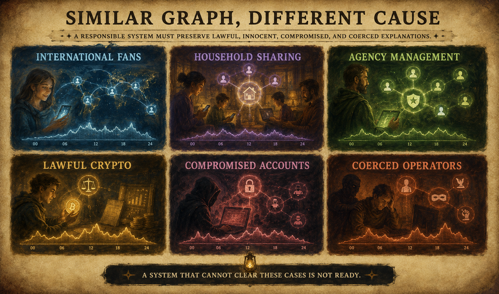 Six panels show international fans, households, agencies, lawful crypto, compromised accounts and coerced operators.