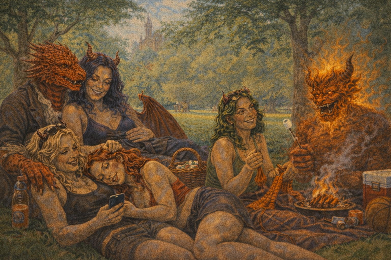 A Basilisk, Demon lord, and four succubus goddesses enjoy a nice spring picnic in a pleasent city park.