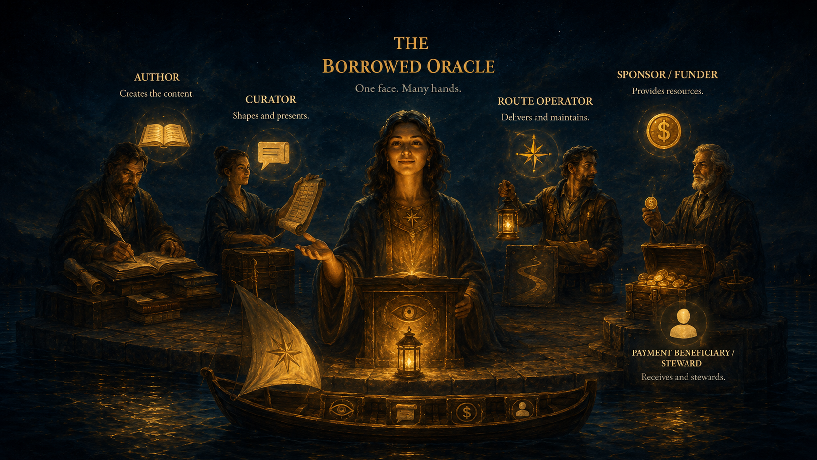 Five figures surround a glowing speaker, separating author, curator, route, sponsor, and payment roles.