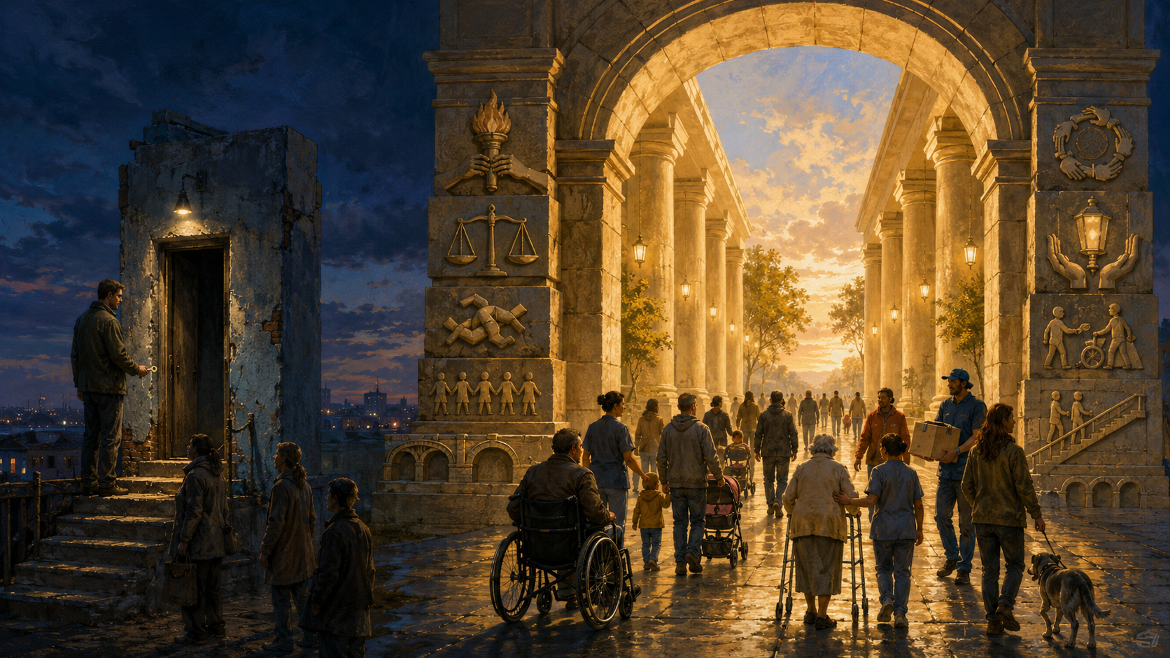 People approach a broad civic arch while a narrow doorway remains controlled by one gatekeeper.
