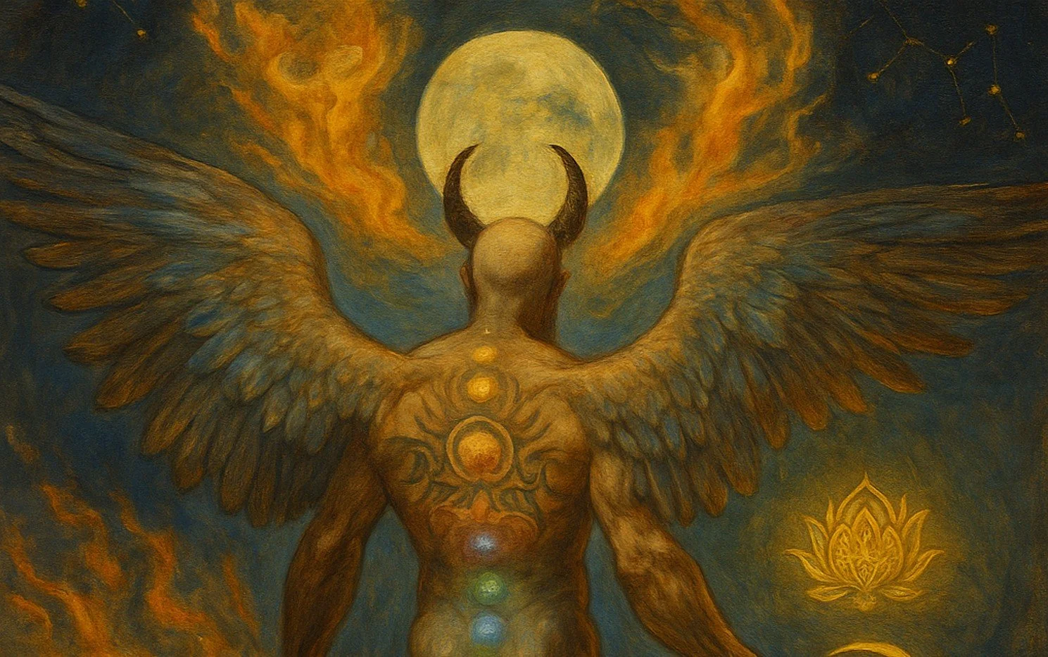 William Blake inspired artwork with angelic figure beholding the full moon while flames of gnostic awareness lick the frame.