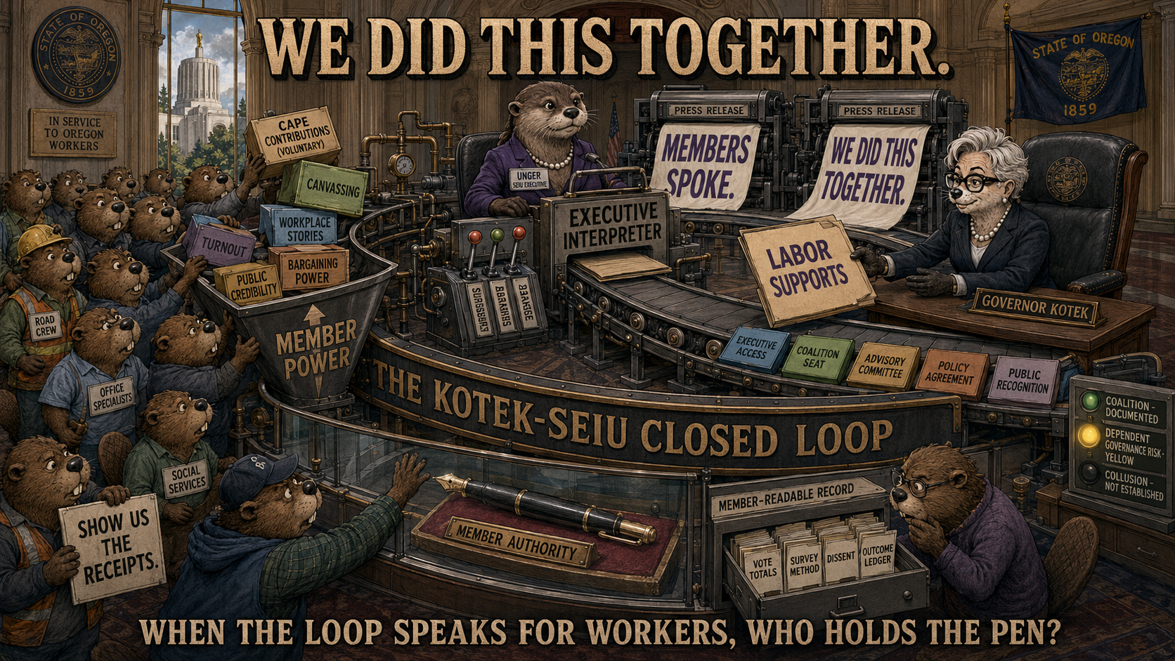 Beaver workers feed member power into a Kotek–SEIU conveyor loop while leaders exchange labor support and executive access.