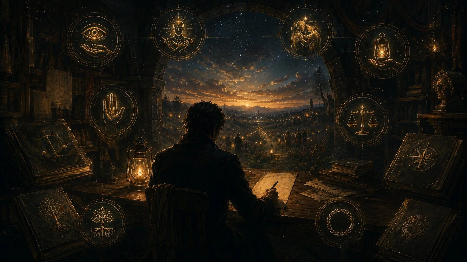 A writer faces an open dawn surrounded by eight golden symbols of truth, care, agency, courage, repair, and balance.