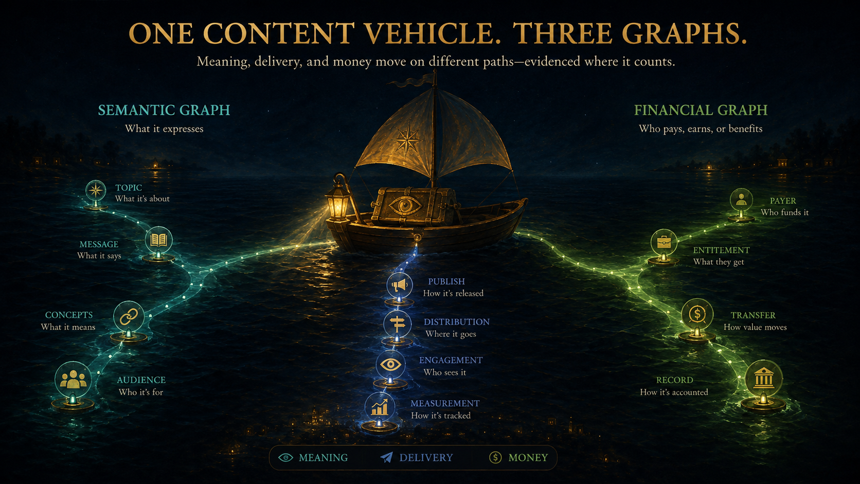 A lantern boat sits between three pathways representing semantic, route, and financial graphs.