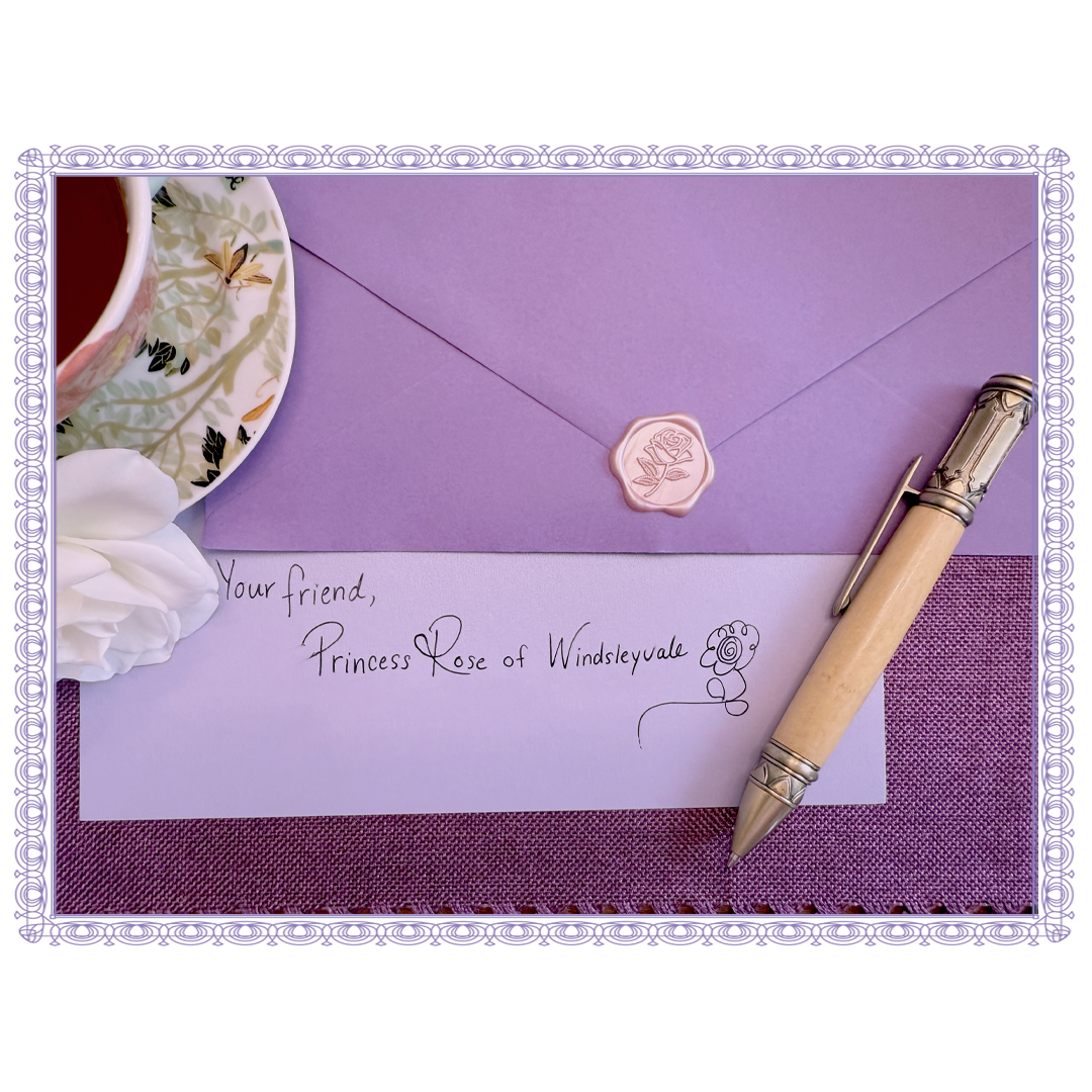 A letter signed by Princess Rose of Windsleyvale, a purple envelope with a wax seal, a floral pen, a white flower, and a teacup on a purple placemat.
