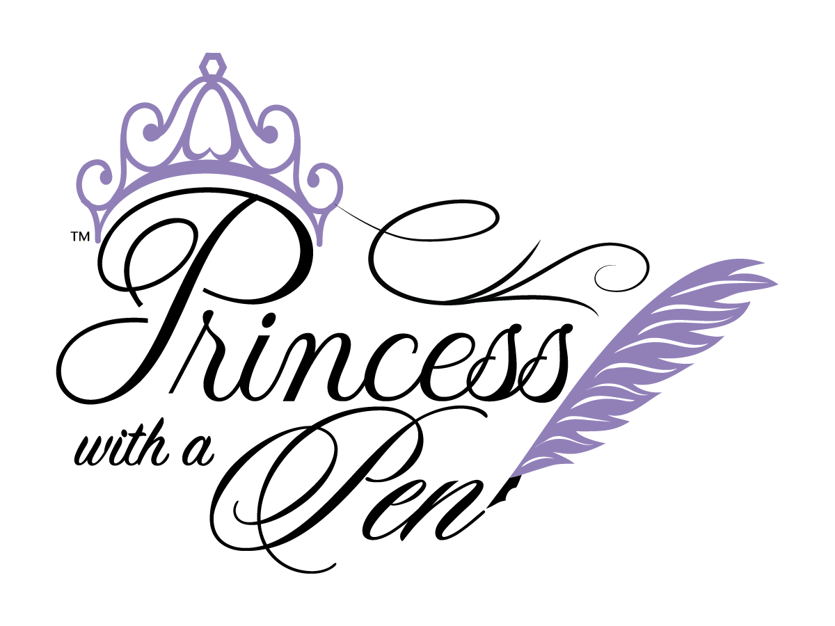 A regal purple tiara, decorative swirls, and a lavender feather quill on a black background.