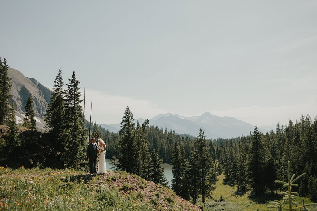 A couple, dressed in wedding attire, standing on a grassy hill surrounded by pine trees, with mountains and a lake in the background under a clear sky.