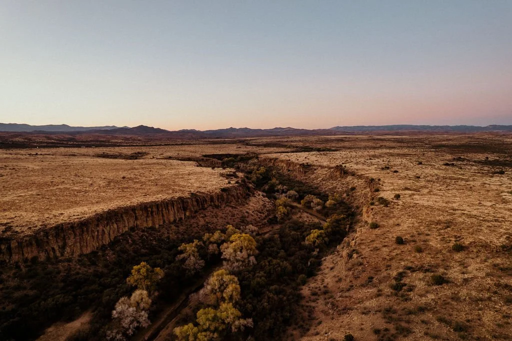 A vast, arid landscape with sparse deserts and rocky cliffs, a narrow greenly-vegetated river canyon running through the terrain, with a few scattered bushes and trees, under a clear sky at sunset or sunrise.