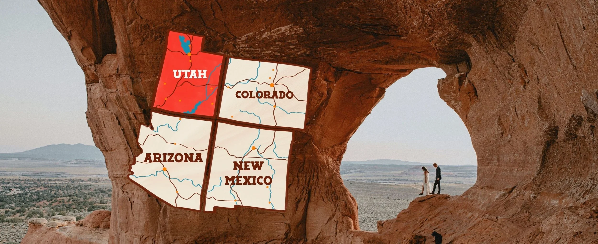 A landscape view through a natural rock formation with a map of the southwestern United States, showing Utah, Colorado, Arizona, and New Mexico. In the background, a couple dressed in wedding attire is walking on the rocky terrain.