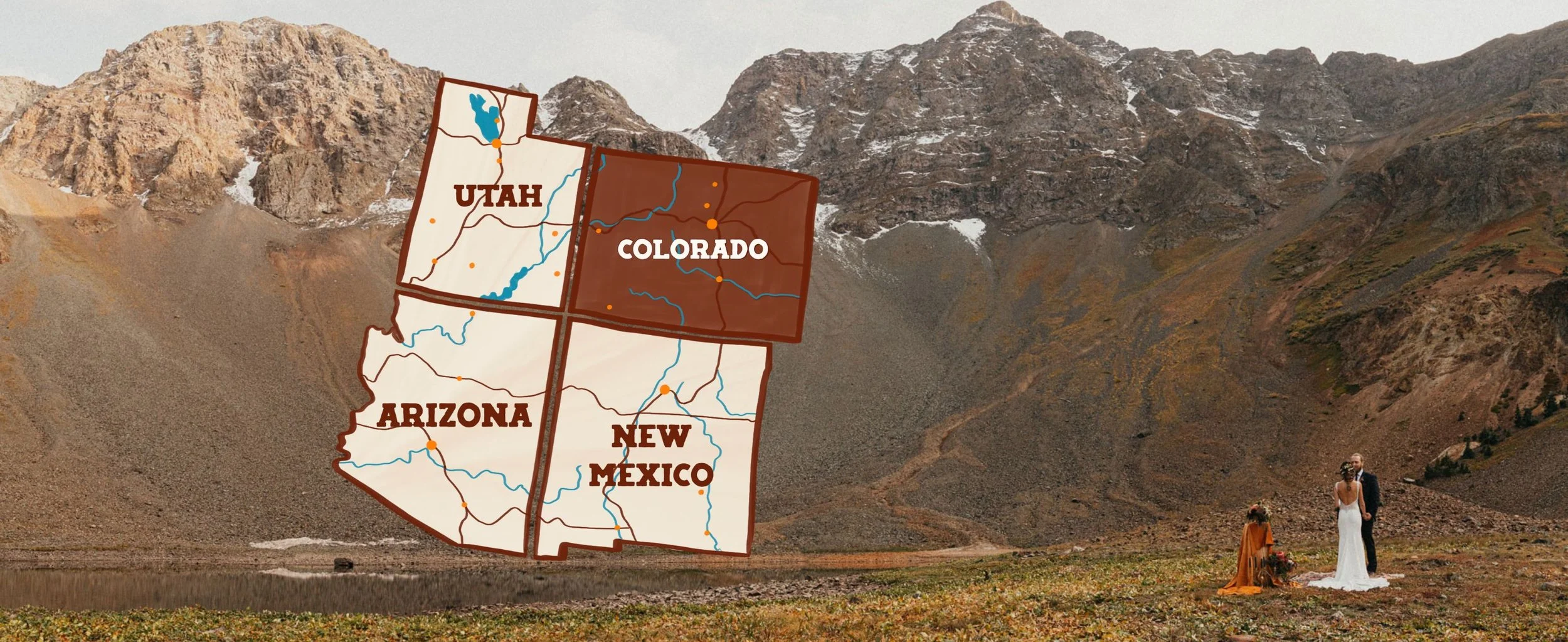 A wedding ceremony in a mountainous landscape with a large animated map of the southwestern United States showing the states of Utah, Colorado, Arizona, and New Mexico, with their rivers and roads marked.
