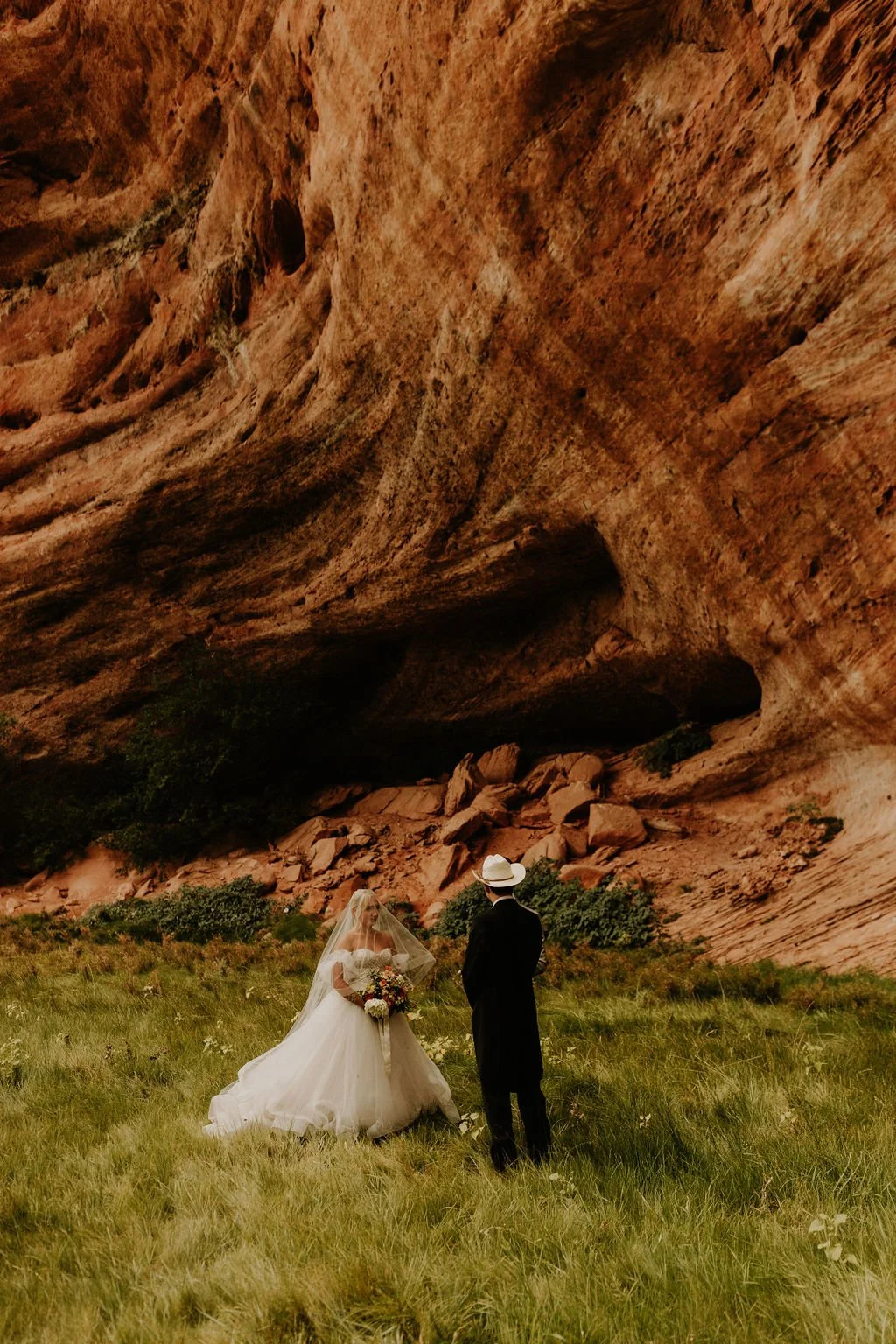 A bride and groom standing in a grassy field with a large, reddish-brown rocky cliff in the background.