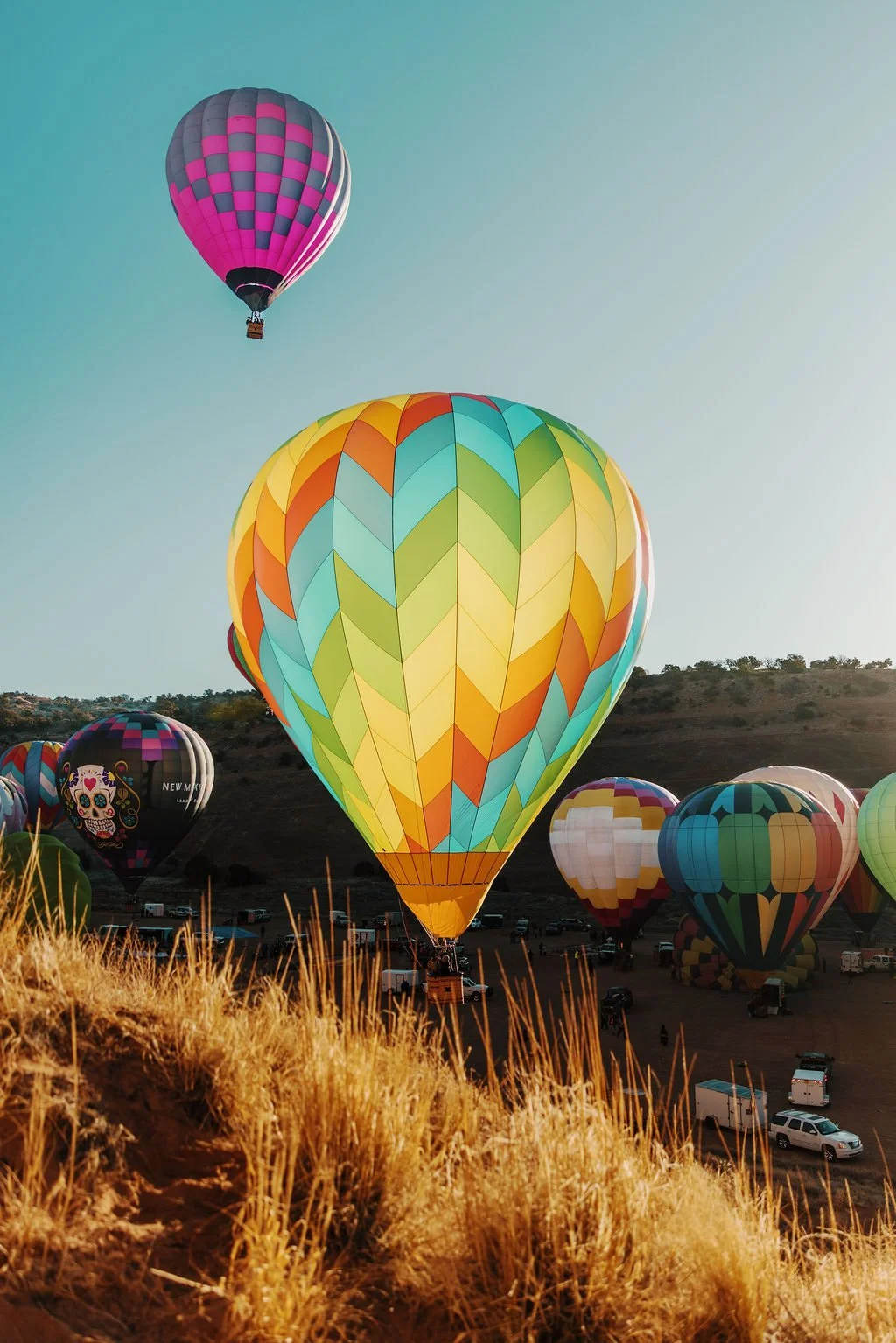 Colorful hot air balloons floating in the sky over a grassy field with hills in the background.