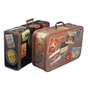Two vintage-style suitcases covered in travel stickers, one black and one brown, with a handle on top.
