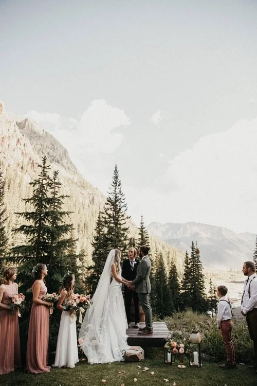 A couple gets married outdoors in a Colorado mountain setting, with bridesmaids and groomsmen, and scenic mountains and pine trees in the background.