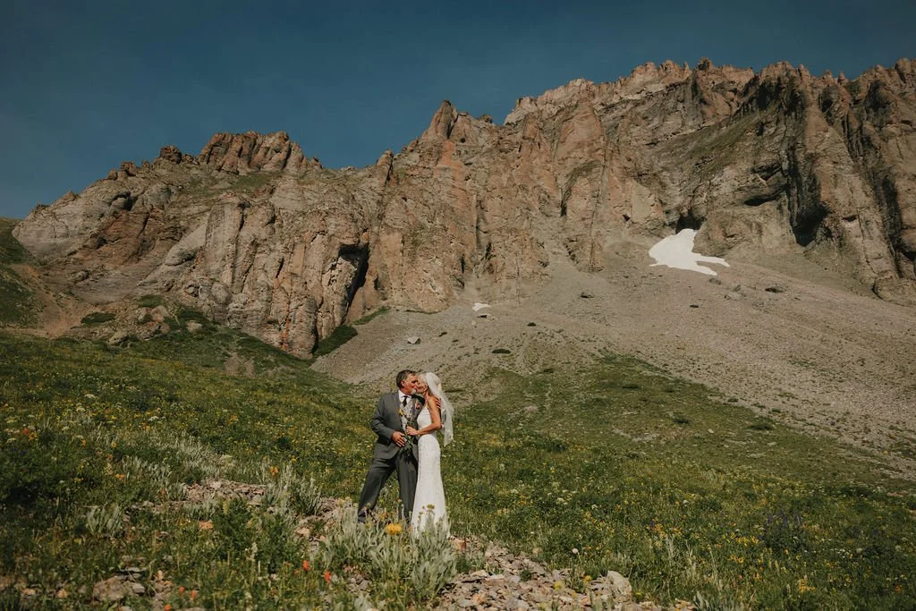A bride and groom standing in a green meadow with mountains in the background.