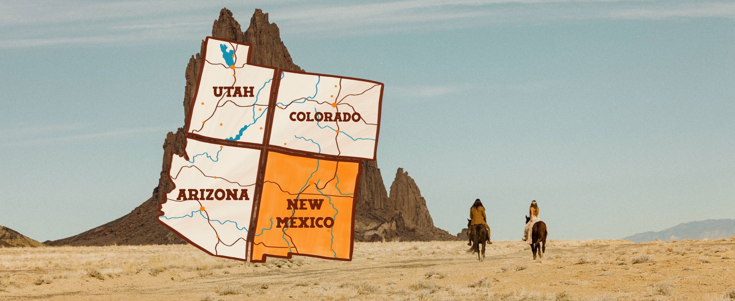 Illustration of a map highlighting Utah, Colorado, Arizona, and New Mexico over a desert landscape with mountains and three people riding horses in the background.
