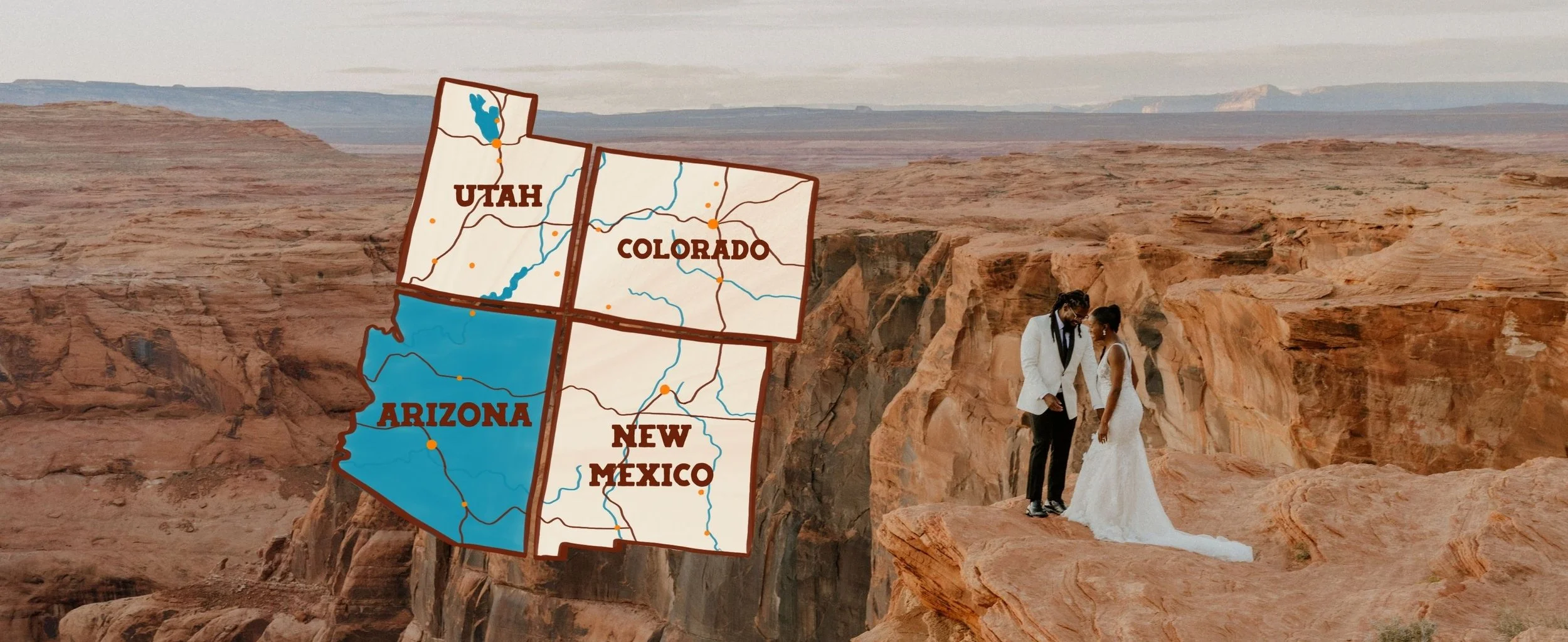 A map of four southwestern U.S. states—Utah, Colorado, Arizona, and New Mexico—superimposed on a desert canyon landscape. Two people in wedding attire, a man in a white jacket and a woman in a white dress, stand on the edge of the canyon near the map.