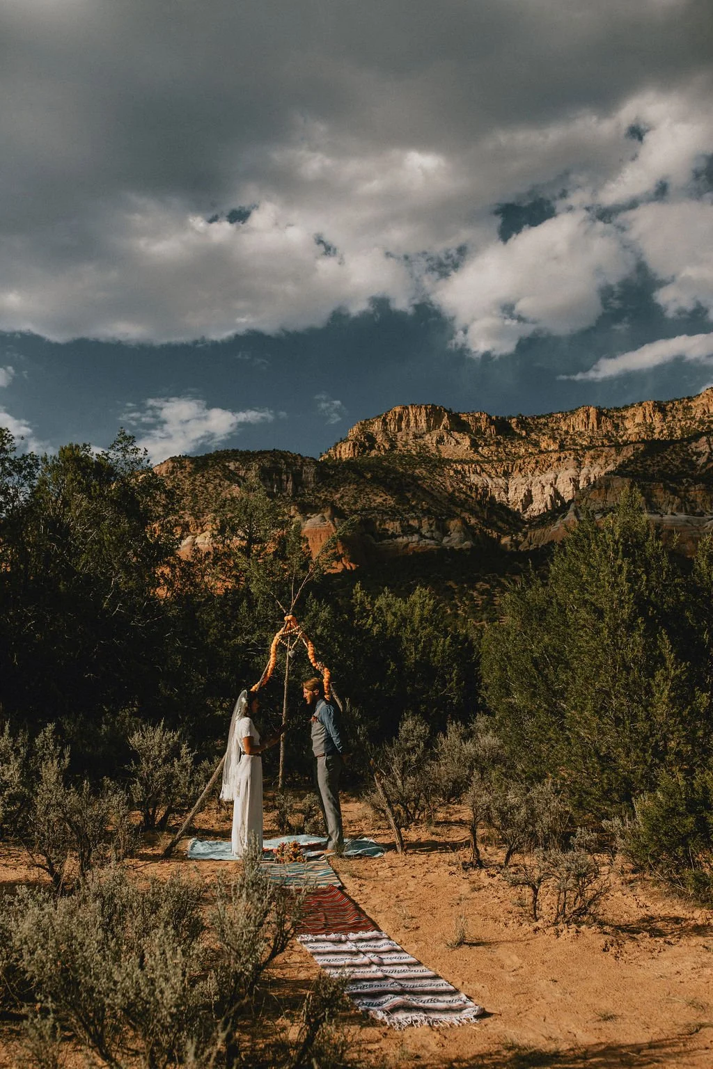 A couple getting married outdoors under a wooden wedding arch, with a mountain landscape and cloudy sky in the background.