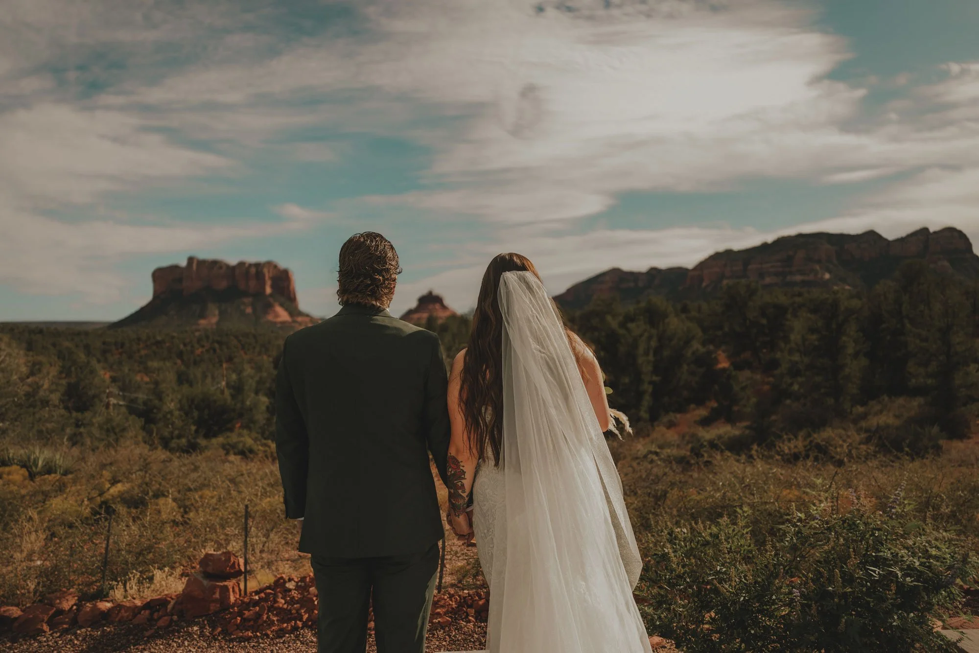 A couple dressed in wedding attire, standing hand in hand and facing away from the camera, overlooking a scenic desert landscape with rock formations and trees under a cloudy sky in Arizona.